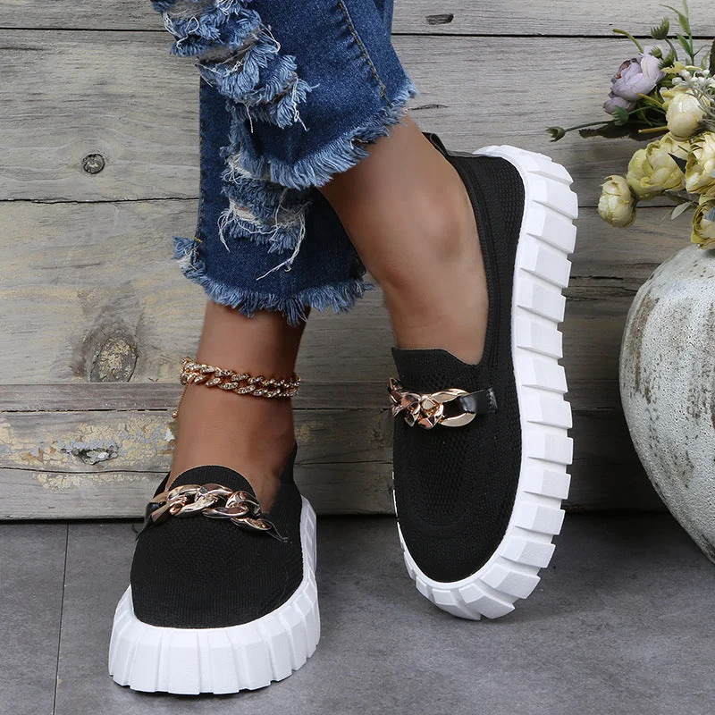 Women's Chain Loafer Flats For Women Round Toe Slip On Mesh Sneaker Casual Shoes Fabric Flats Breathable Comfy Walking Shoes
