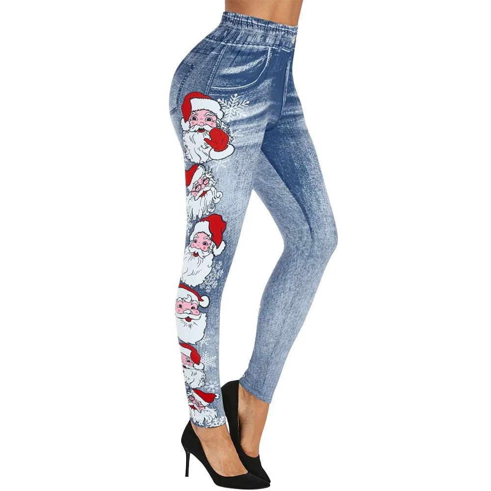 Fashion Casual Women Christmas  Party Denim Pants High Waist Female Joggers Elastic Stretch Jeans Pencil Trousers Leggings