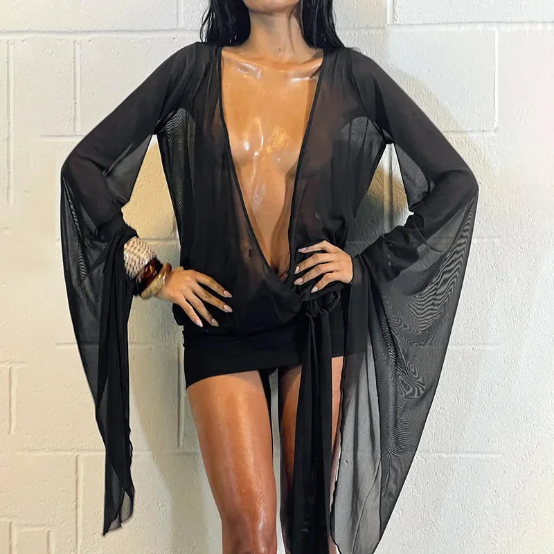 Toloer Black Mesh Low Cut Long Sleeve Mini Dress Beach Cover-Outfit Ideas