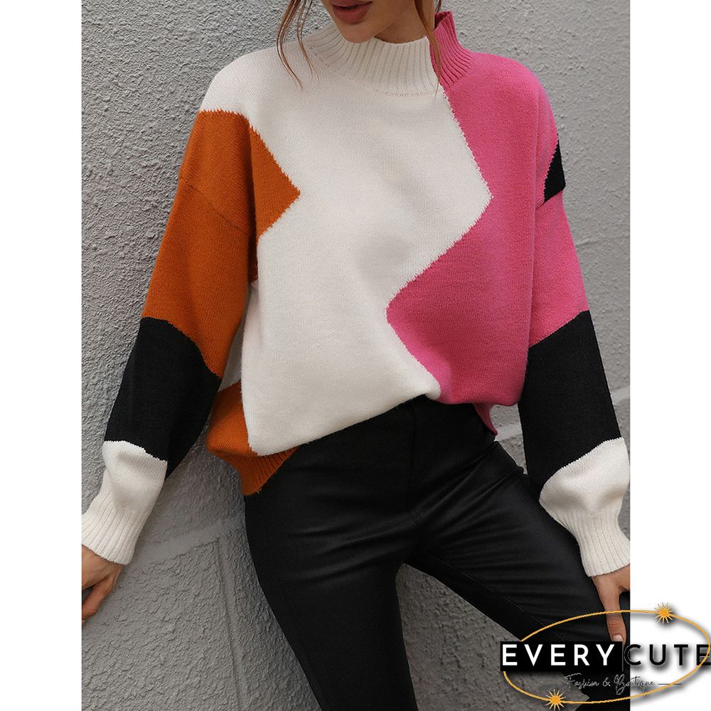 Rosy Color Block Crew Neck Knit Pullover Sweater