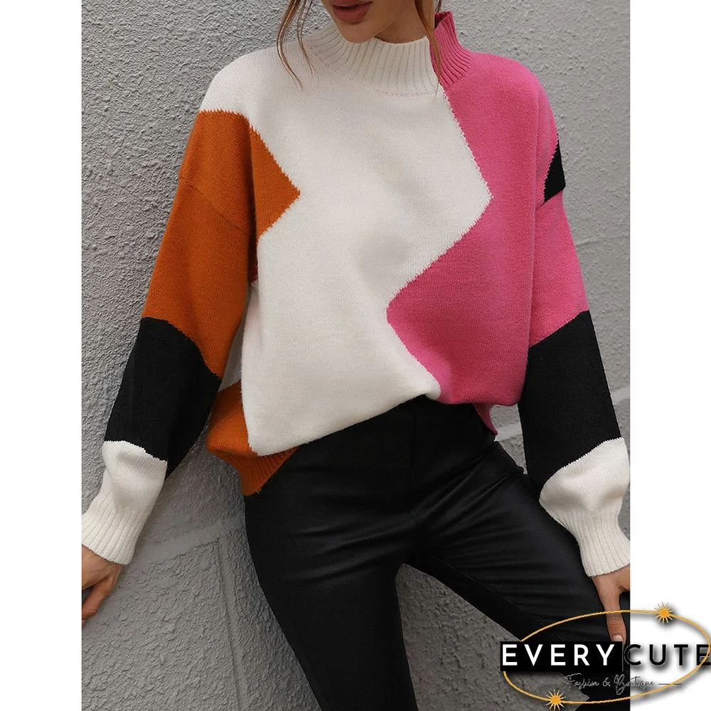 Rosy Color Block Crew Neck Knit Pullover Sweater