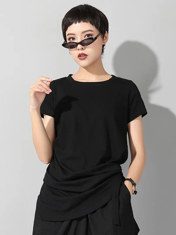 Black Asymmetric Pleats Short Sleeve Round-Neck T-Shirts