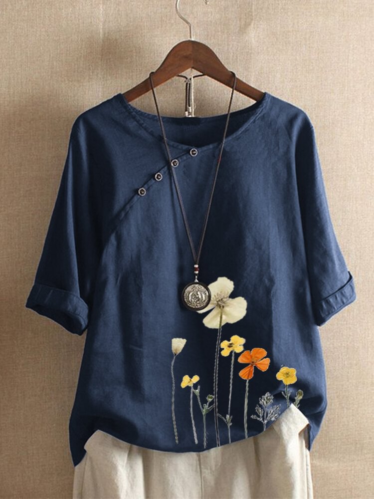 Floral Printed Button O neck Half Sleeve T shirt P1694092