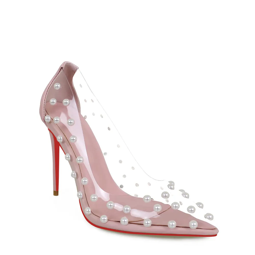 100mm Women's Pumps Pointed Toe Women High Heel Shoes Fashion Pearl Studded PVC Clear Heels Party Dress Red Bottom Shoes-vocosishoes