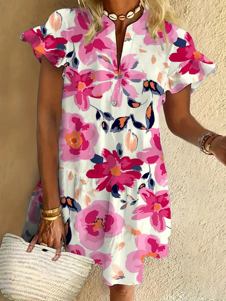 Pink Flower Ruffled Short-sleeved V-neck Buttoned Dress Vacation Beach Dress