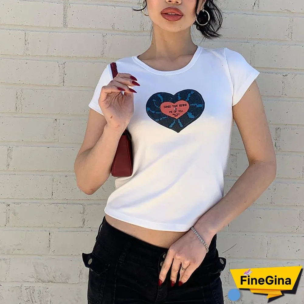 Fairycore Grunge Crop Tops Women Heart Print Short Sleeve Tshirt Aesthetic Tee Shirt Harajuku Streetwear