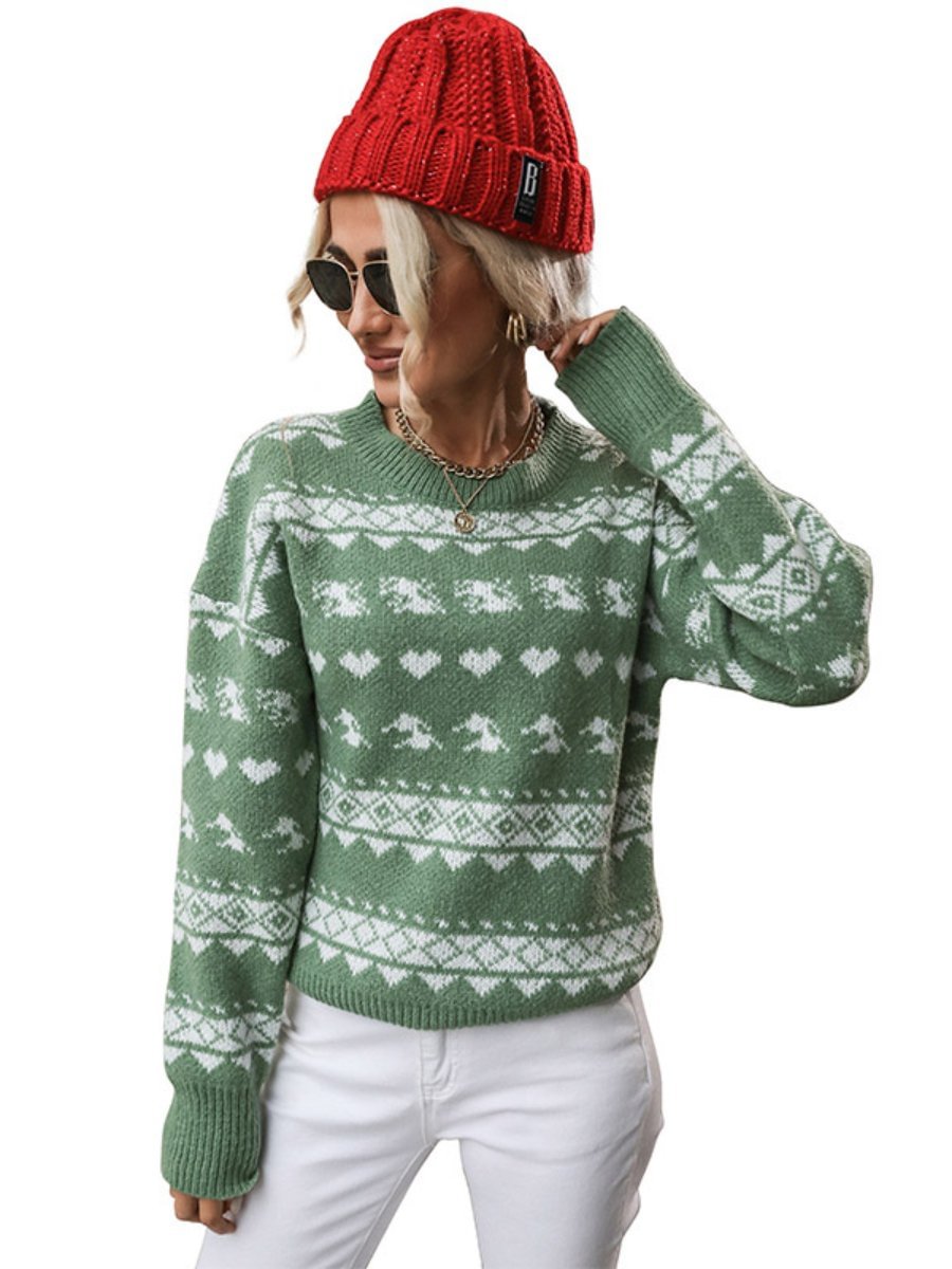 Women's Christmas Sweater Floral O-Neck Short Pullover Hoodie