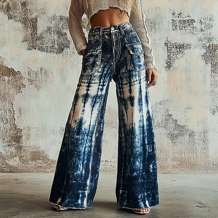 Vintage 90s Tie-dye Chain-decorated Denim Print Wide-leg Flared Trousers Casual Pants