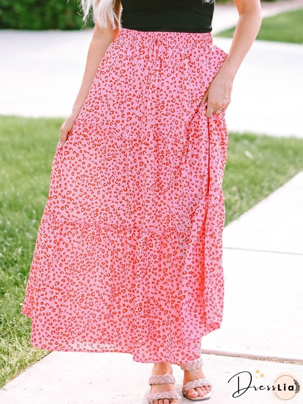 Pink Leopard Print Ruffled Drawstring Maxi Skirt with High Waist