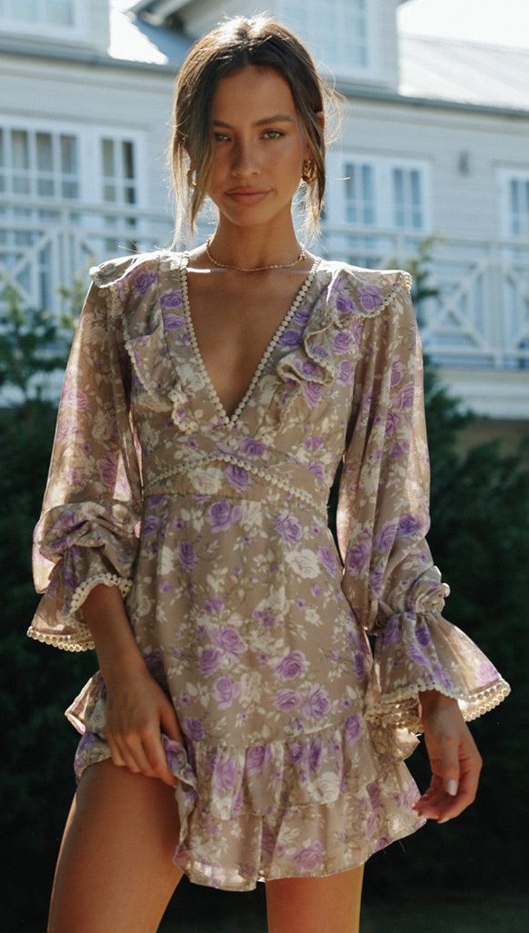 Printed V Neck Long Sleeve Lace Strap Mini Dresses