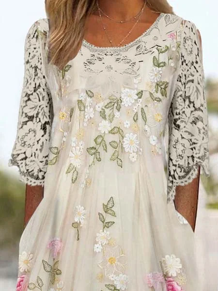 Women's 3/4 Sleeve Scoop Neck Floral Printed Lace Stitching Midi Dress