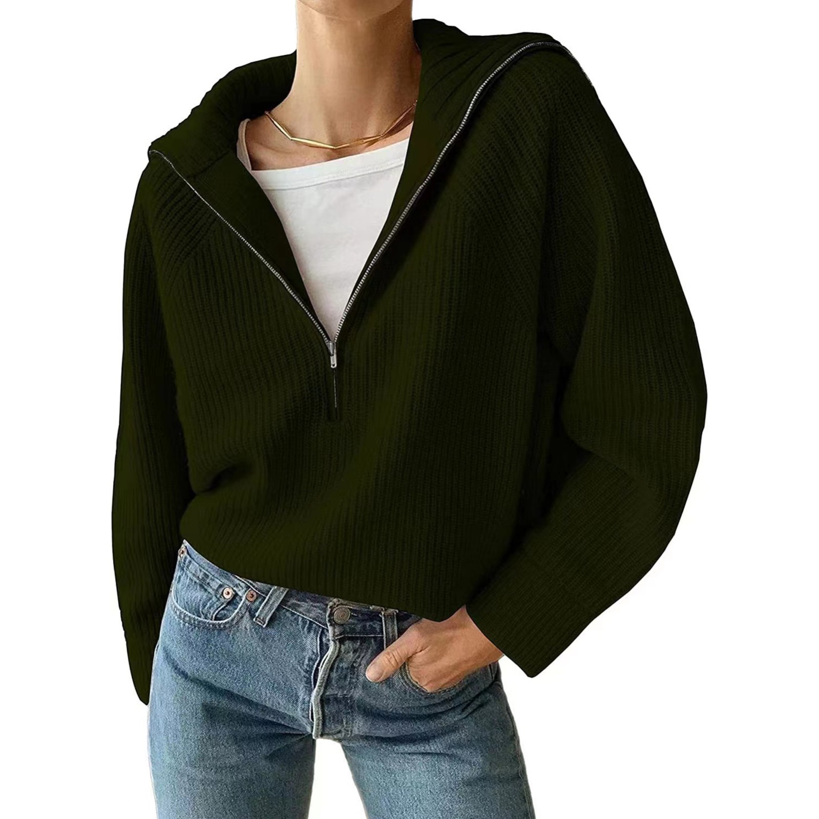 Women's Casual Long Sleeve Solid Color V Neck Rib Knit Sweatshirts