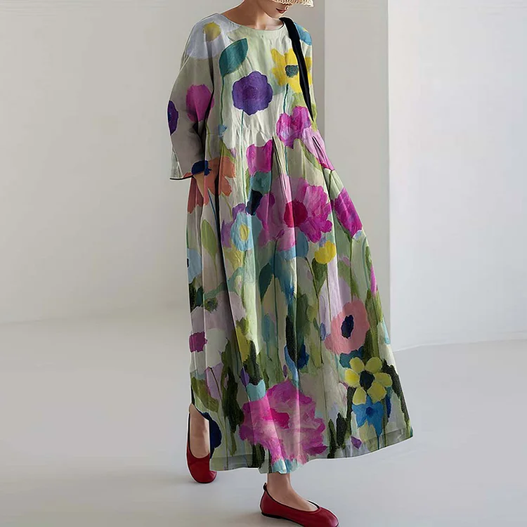 Colorful Blossom Printed Crew Neck Casual Midi Dress