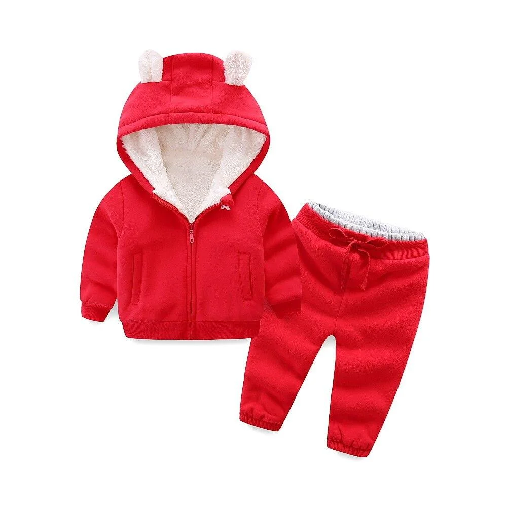 Autumn and winter boys and girls clothes set children plus fleece suit casual warm thick cartoon bear clothing sportswear