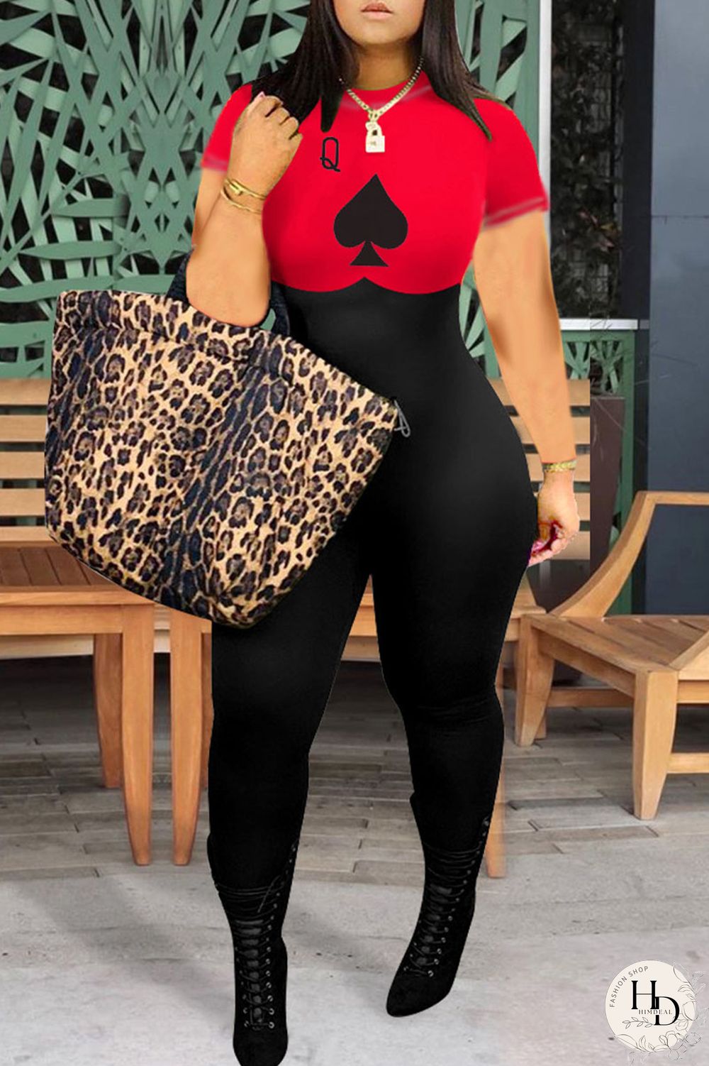 Red Casual Street Print Split Joint O Neck Regular Jumpsuits