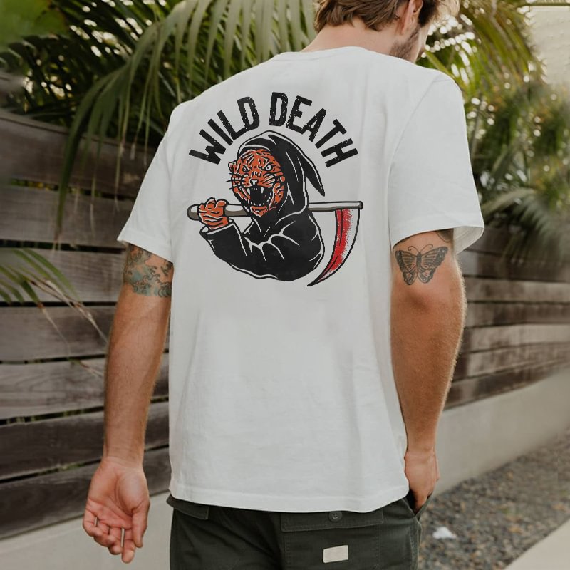 Wild Death Tiger Reaper Print Crew Neck White T-shirt -  
