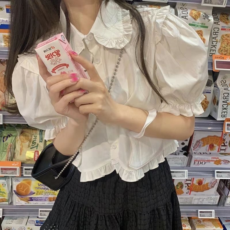 Churchf Kawaii White Women Blouses Sweet Lolita Girly Preppy Japanese Style Cute Puff Sleeve Shirts Pink JK Ruffle Top Fashion