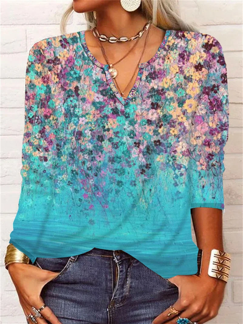 Women's Long Sleeve V-neck Printed Graphic Tops