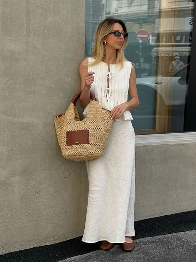 Women's Elegant Design Cotton Linen Pleated Sleeveless Ruffled Hem Top