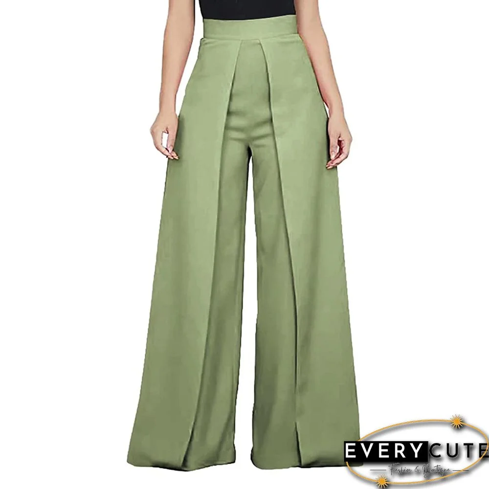 Light Green Back Zipper Casual Wide Leg Pants