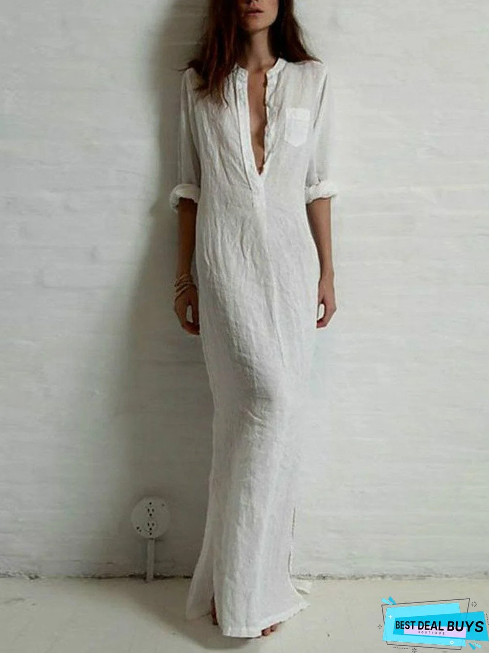 Long Sleeve Plunging Neck Buttoned Dress White Dresses Linen