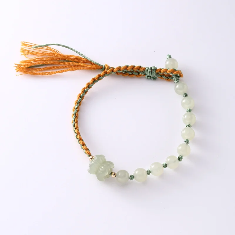 925 Sterling Silver Hetian Jade Lotus Rope Protection Luck Charm Braid Bracelet