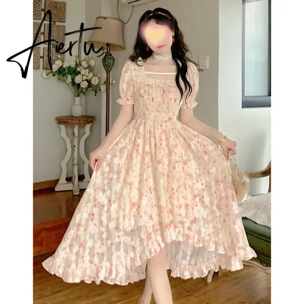Aiertu Summer Floral Print Dress Women Lace Boho Kawaii Party Dress Female Casual Korean Fashion Holiday Lolita Elegant Midi Dress Aiertu
