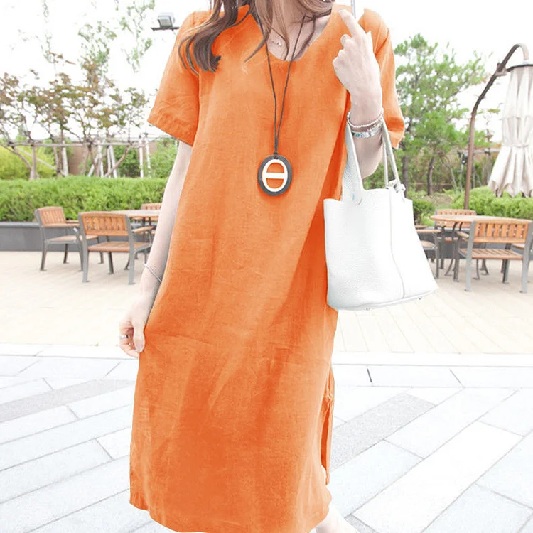 Casual Cotton Linen Short Sleeve Midi Dress