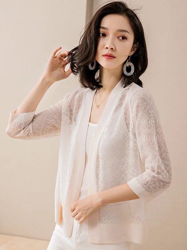 Vintage Solid Color Knitting Jacquard Hollow Cardigan Top