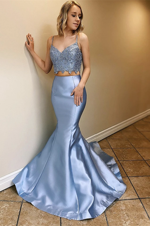 Luluslly Spaghetti-Straps two Pieces Prom Dress Mermaid Lace Appliques