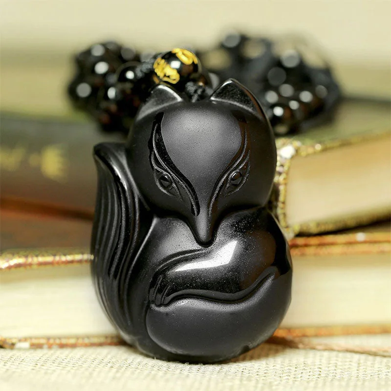 Natural Black Obsidian Tiger Eye Ice Obsidian Fox Pendant Amulet Necklace