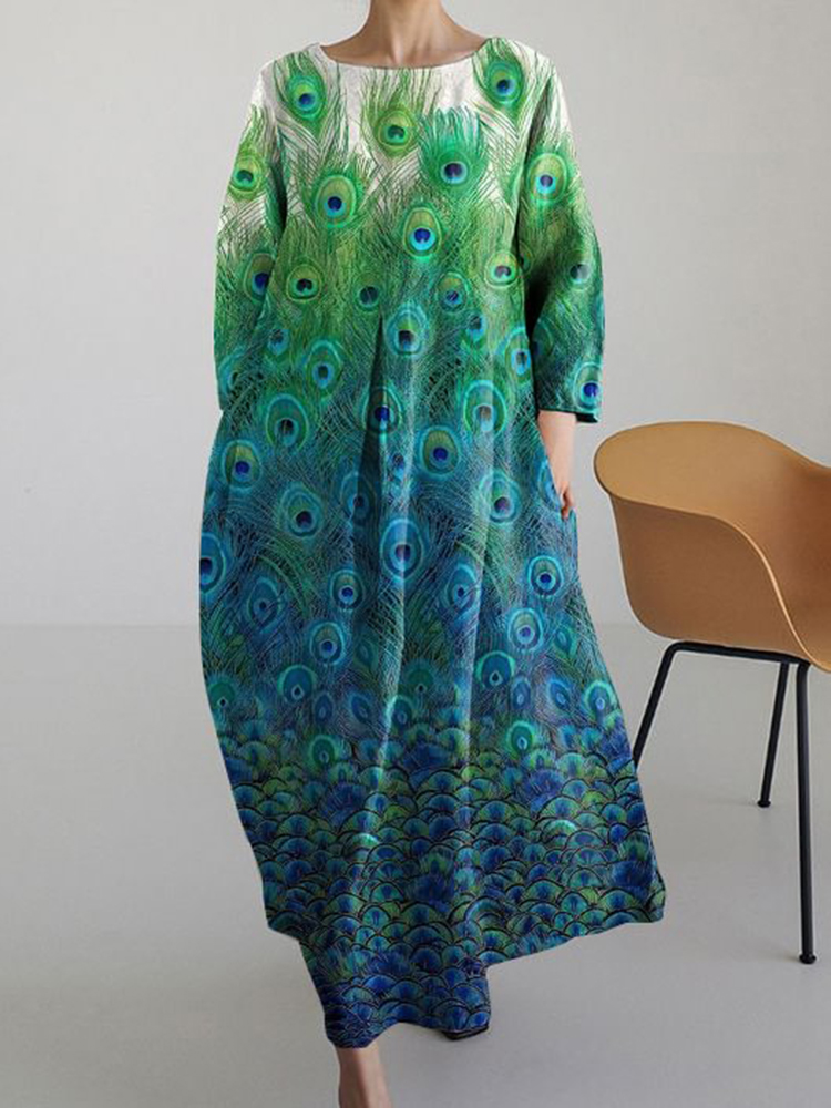 Comstylish Japanese Gorgeous Peacock Feather Art Vintage Long Sleeve Midi Dress