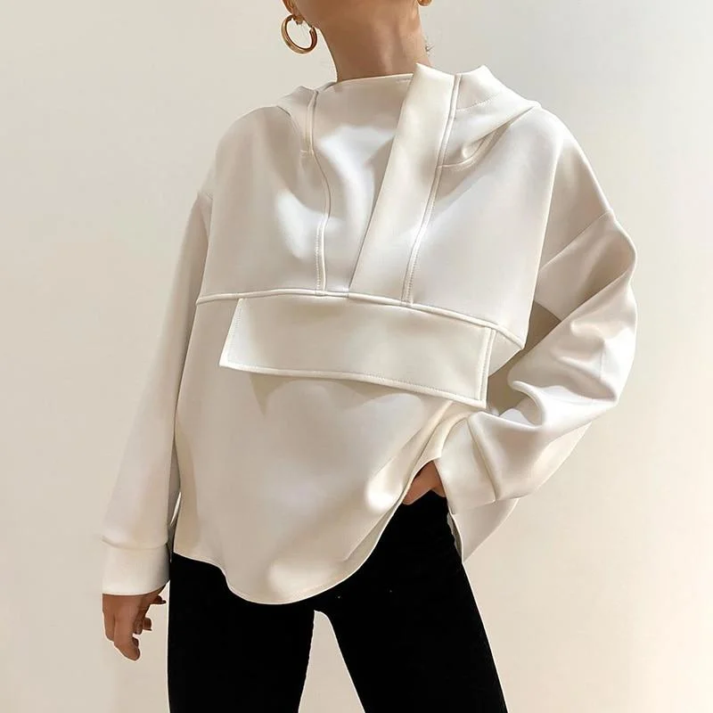 InstaHot Fashion Women Hoodies Oversize Asymmetric Hem Solid Black White Autumn Sweatshirt Loose Streetwear Hooded Pullover Tops