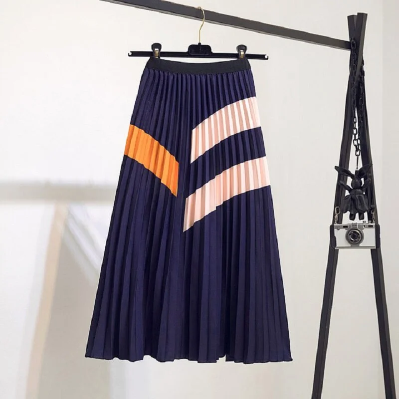 Huibahe Women Elastic Waist Printed A-line Skirt Elegant High Waist Mid-length Pleated Skirt For Spring Summer QT2122