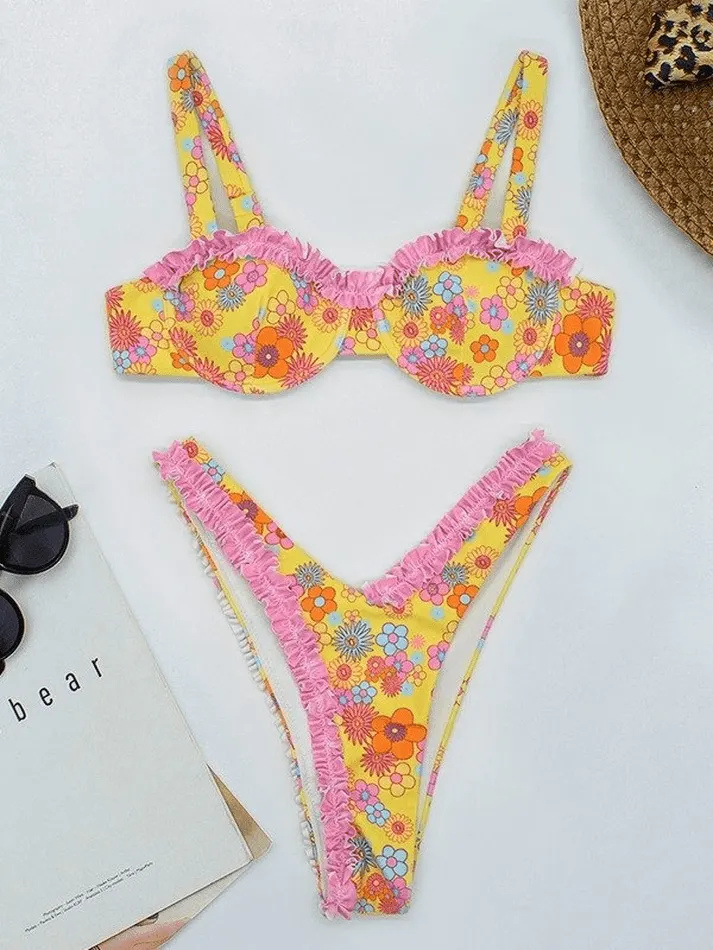 Brownm Frill Trim Underwire Floral Bikini Set