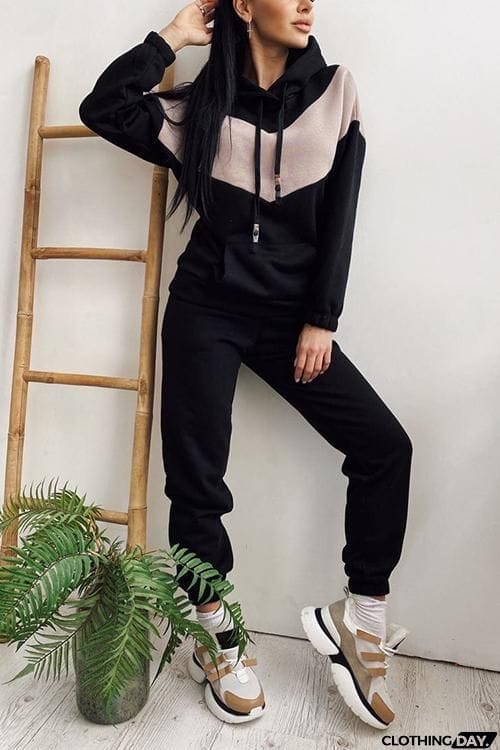 Colorblock Pocket Drawstring Hoodie & Pants Set
