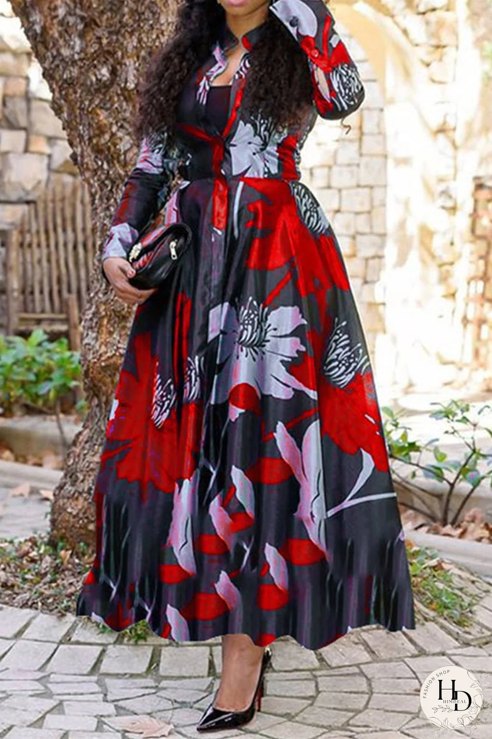 Red Fashion Printed Long Sleeve Dress