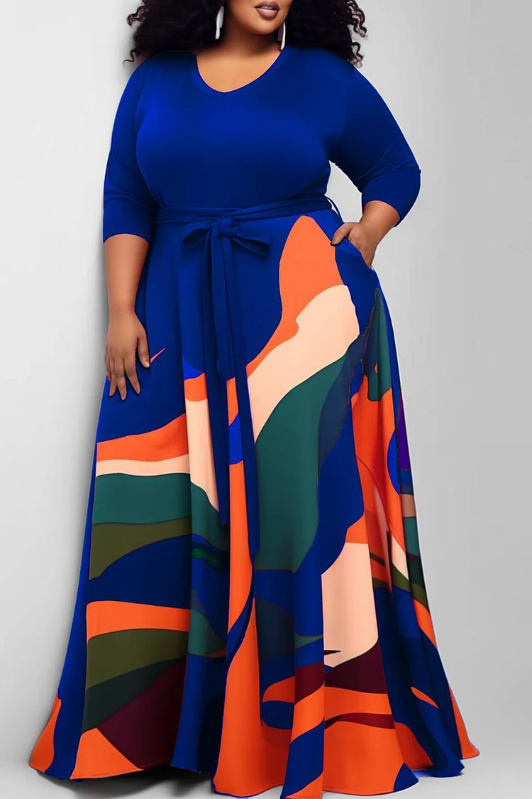 Plus Size Casual Dress Royal Blue All Over Print Round-Neck Knitted Maxi Dress With Pocket 