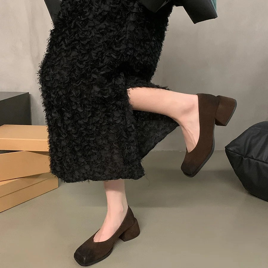 Wongn Thick Heel Black Square Head Temperament Single Women's Shoes 2024 New Retro Shallow Mouth Evening Style High Heels