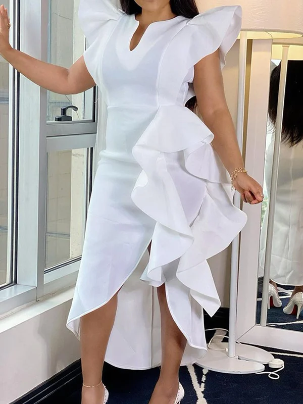 Simple V-Neck Fluffy Falbala White Casual Midi Dress