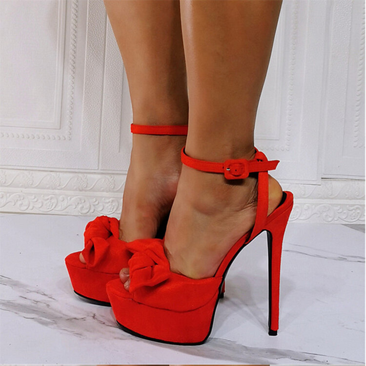 Red Bow Ankle Strap Stiletto Heels Classic Peep Toe Platform Sandals |FSJ Shoes