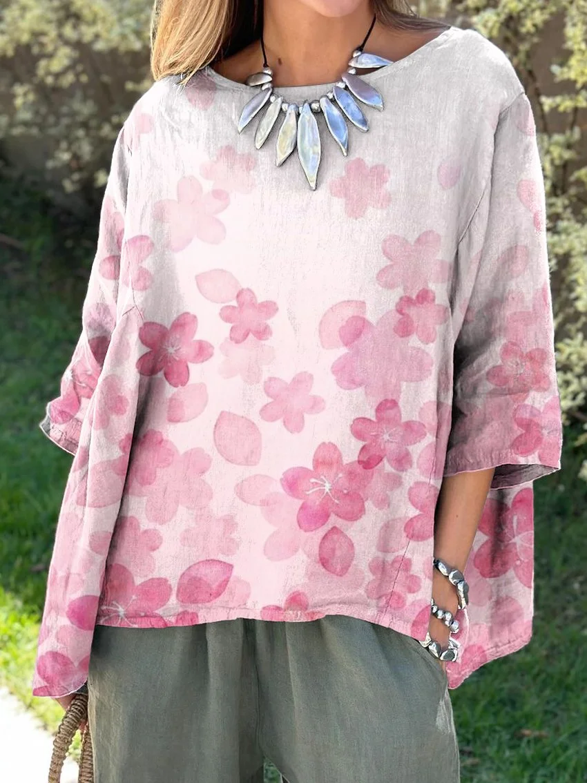 Pink Cherry Blossom Print Women's Print Casual Cotton And Linen Shirt