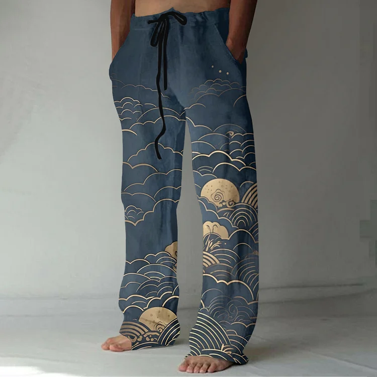 Japanese Ocean Art Graphic Linen Blend Casual Pants