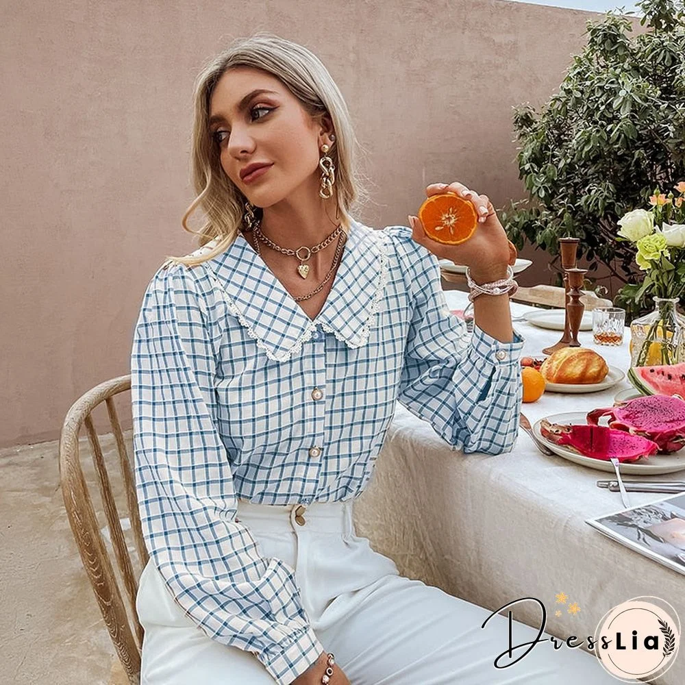 Autumn Office Lady Gingham Square Pattern Shirt Women Casual V-neck Brown Skinny Blouse Female Regular Sleeves Top