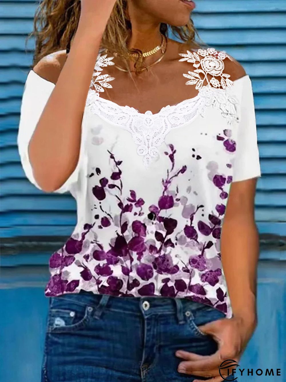 Women's Casual Floral V Neck Lace Cotton Blends Short Sleeve Top T-shirt | IFYHOME