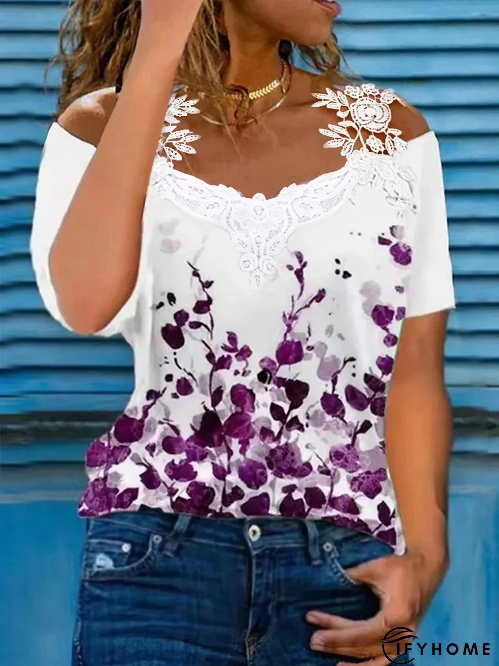 Women's Casual Floral V Neck Lace Cotton Blends Short Sleeve Top T-shirt | IFYHOME