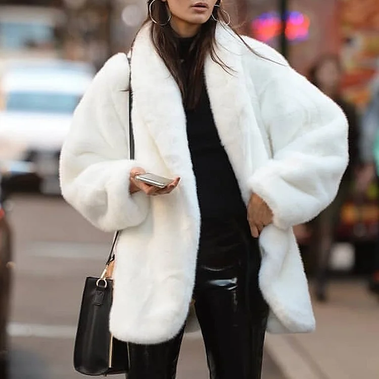 Woman White Fur Coat Faux Fur Coat