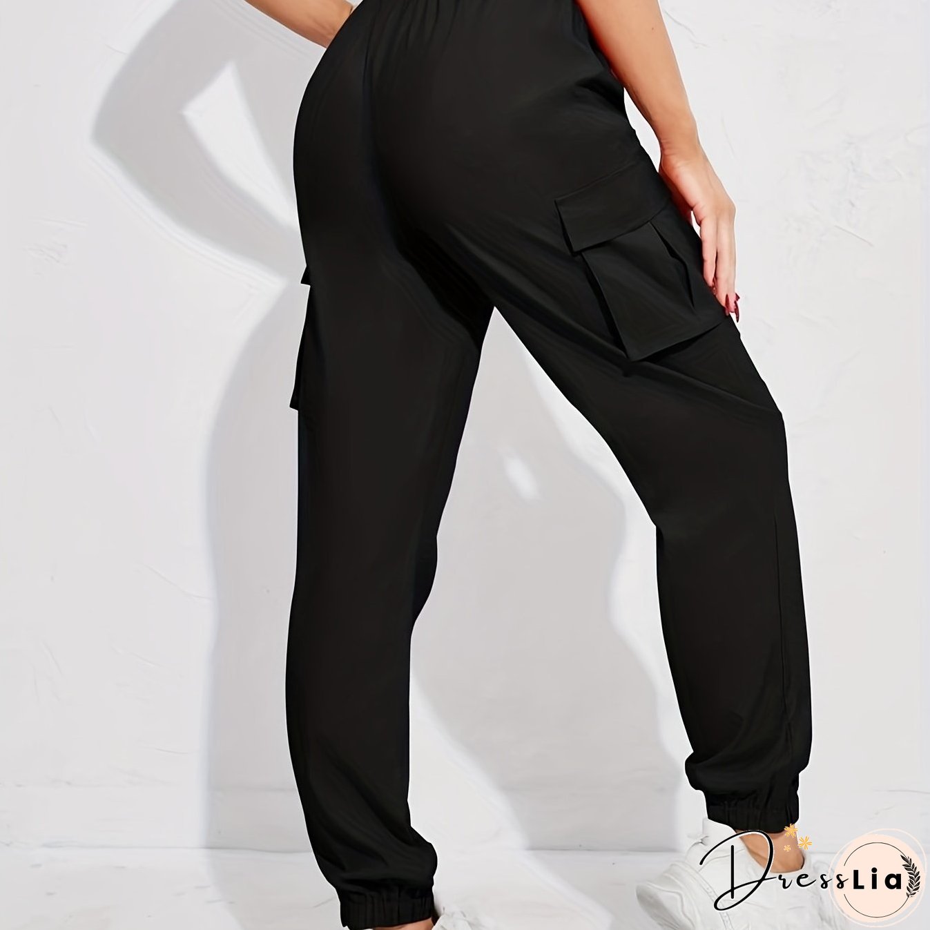 Solid Color Casual Joggers Sweatpant, Cargo Loose High Waisted Pants With Pockets, Women's Athleisure