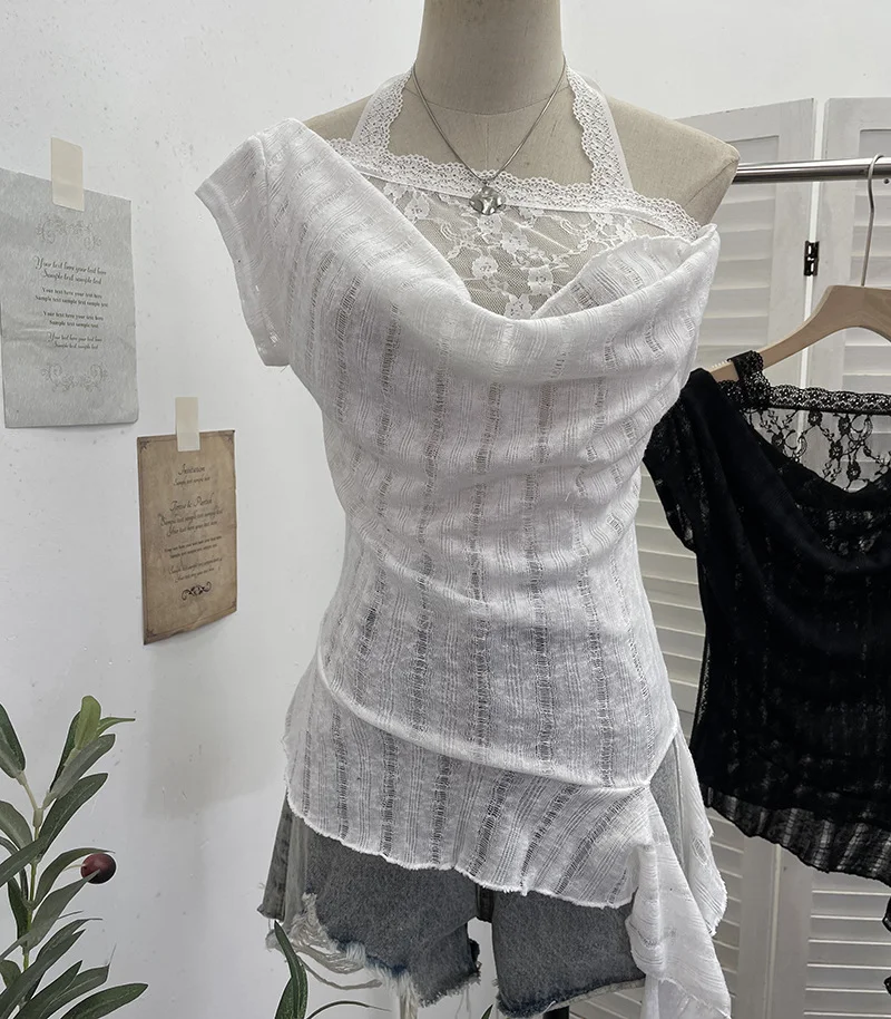 Nigikala Nigikala Shooting Lace Splicing Collar Hanging Neck-Sleet T-Shirt Woman Xia Repair Short Irregular Drifting Clothes 9580