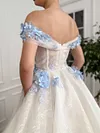 White Ethereal Bluebell 3D Flower Ball Gown Off The Shoulder A Line Princess Prom Dress Organza Tulle Floor Length Formal Corset Bodice